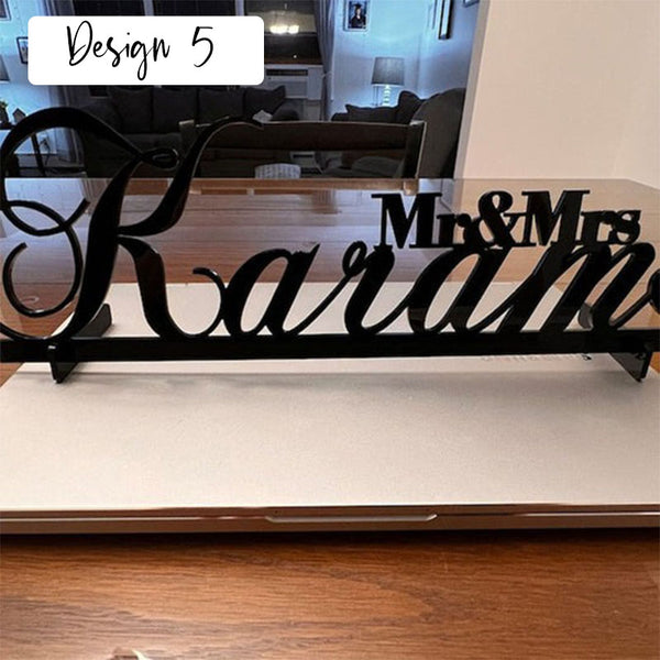 Tabletop Sign Personalized Custom Name Calligraphy Hashtag Laser Cut Mr and Mrs Wedding Table Sign