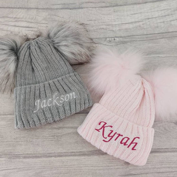 Personalised Infant Winter Hat Custom Embroidered Baby Pom Beanie