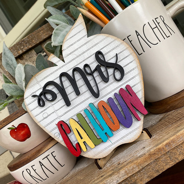 3D apple cut name sign classroom decor- teacher graduation gift Elementary school