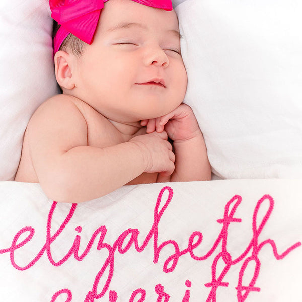 Personalized Hand Lettered Embroidered Baby Swaddle Receiving Blanket