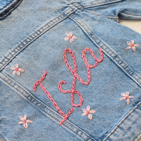 Custom Hand Embroidered ， Hand Lettered Denim Jacket Toddler, Kid Sizes