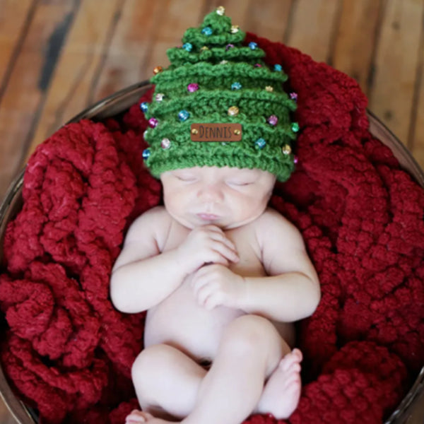 Personalized Leather Patch Christmas Tree Crochet Hat