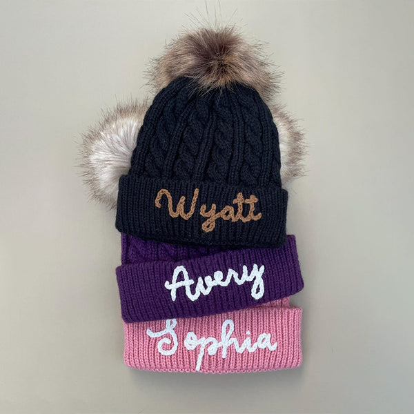 Cute Kids Personalized Name Embroidered Winter Hat with Pom Pom