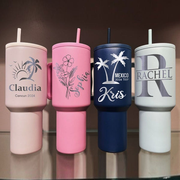 40oz Personalized Birth Flower Tumbler With Handle Lid & Straw, Bridesmaid Gifts