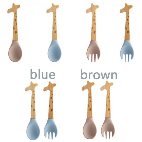 Personalized Spoon and Fork Set | Sweet Baby Giraffe | Laser Engraved | Baby Safe Silicone Weaning & Training Utensils | Baby Keepsake Gift