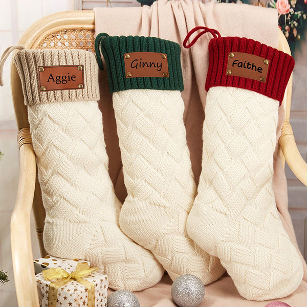 2023 Leather Patch Christmas Stockings,Family Engraved Christmas Stocking,Custom Knitted Stockings