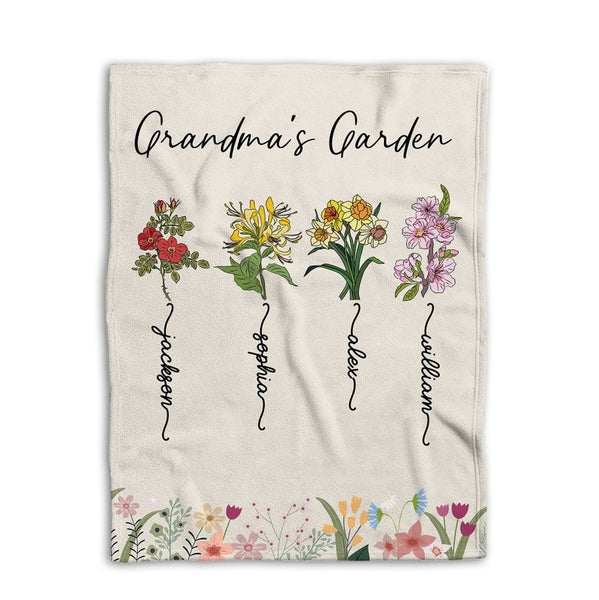 Personalized Grandma's Garden Blanket, Birth Flower Soft Cozy Sherpa Fleece Throw Blankets