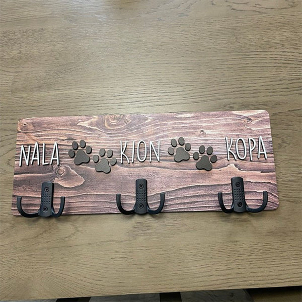 Personalized Dog Wood Leash Holder for 2/ 3 Dogs Raised Paw Name Sign Leash Hook Collar Holder