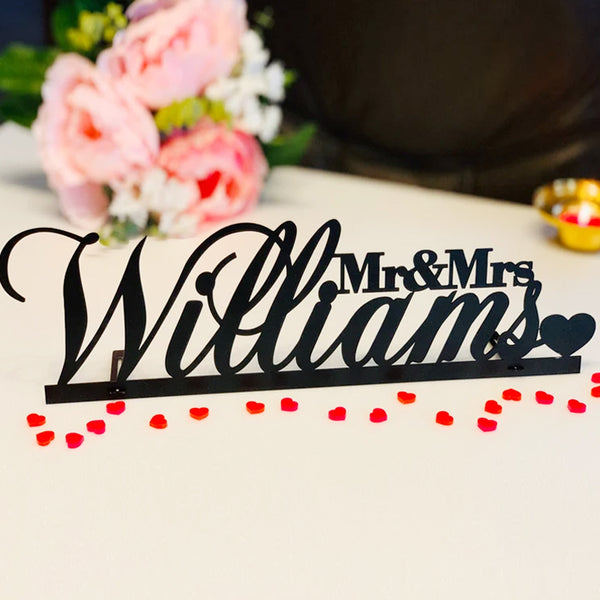 Tabletop Sign Personalized Custom Name Calligraphy Hashtag Laser Cut Mr and Mrs Wedding Table Sign