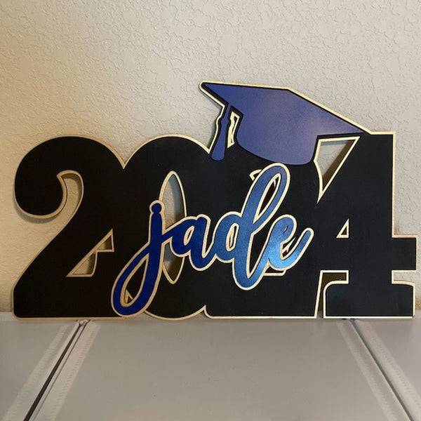 Deluxe Grad Sign, Personalized Name, 2024 or 2025 Graduation Cap Wood Sign