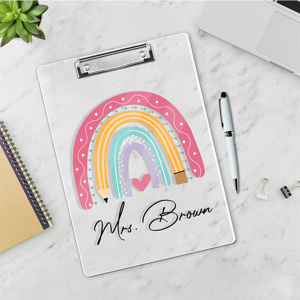 Personalized Back To School Teacher Gifts, Custom Rainbow Clipboard With Teacher Name