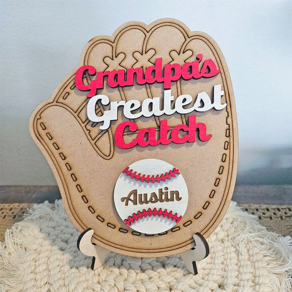 Personalized Baseball Sign | Dad's Greatest Catch | Father's Day Gift | Kids Name Wood Sign | Gifts For Him