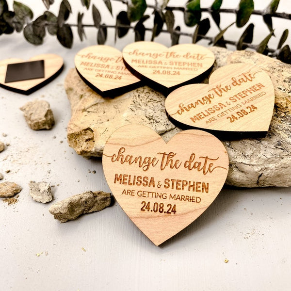 Save The Date Magnet + Cards, Rustic Wedding Wood Heart with Unique Funny Message Option