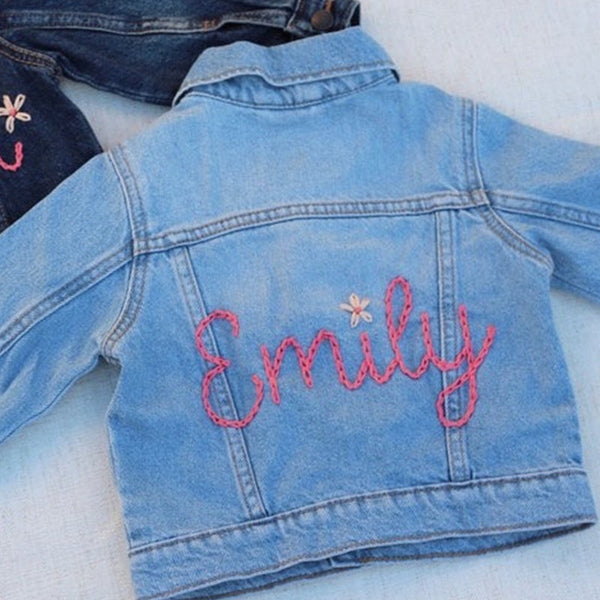 Custom Hand Embroidered ， Hand Lettered Denim Jacket Toddler, Kid Sizes