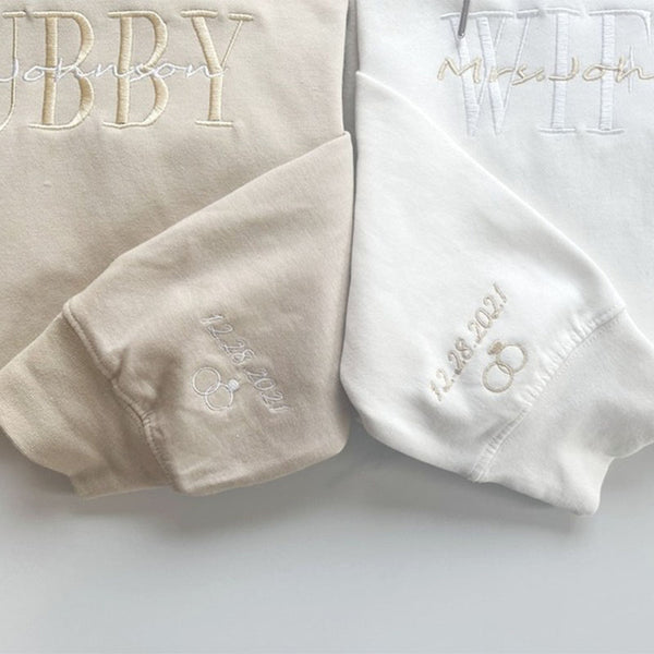 Personalized Embroidered Wifey Hubby Hoodie, Sweatshirt, Tees, Custom last name Bridal Crewneck