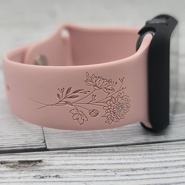 JUST BREATHE with Birthday Month Flower Apple Watch Band