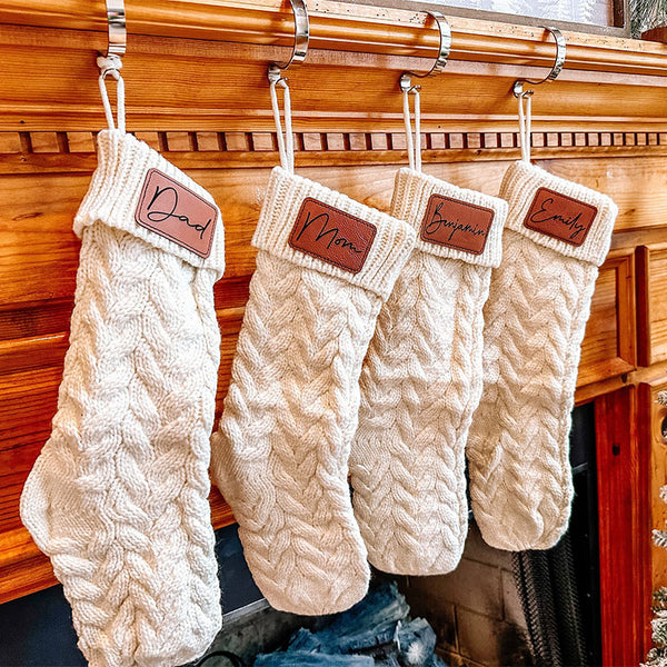 Personalized Cable Knit Stockings for Christmas, Stockings with Leather Patch