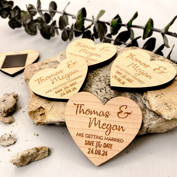 Save The Date Magnet + Cards, Rustic Wedding Wood Heart with Unique Funny Message Option