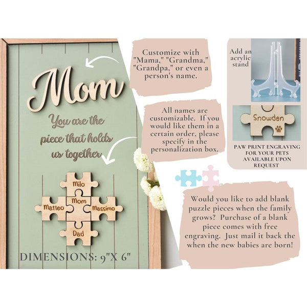 Mom Puzzle Sign Mother's Day Gift from Kids Husband Custom Engraved Wood Sign Piece