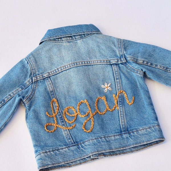 Custom Hand Embroidered ， Hand Lettered Denim Jacket Toddler, Kid Sizes