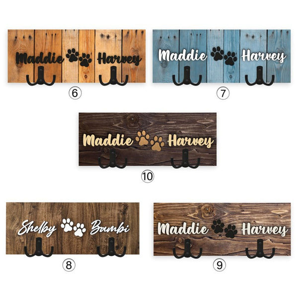 Personalized Dog Wood Leash Holder for 2/ 3 Dogs Raised Paw Name Sign Leash Hook Collar Holder