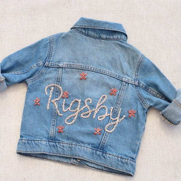 Custom Hand Embroidered ， Hand Lettered Denim Jacket Toddler, Kid Sizes