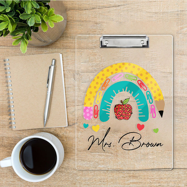 Personalized Back To School Teacher Gifts, Custom Rainbow Clipboard With Teacher Name