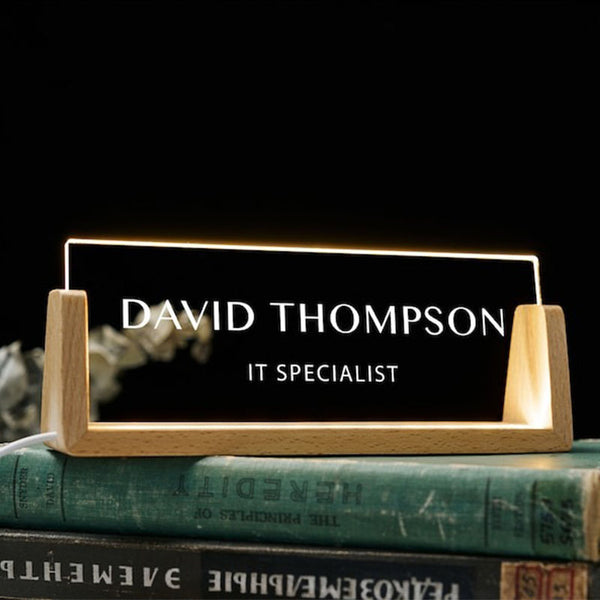 Personalized Desk Name Plate with Wooden Base, Lighted Acrylic Nameplate