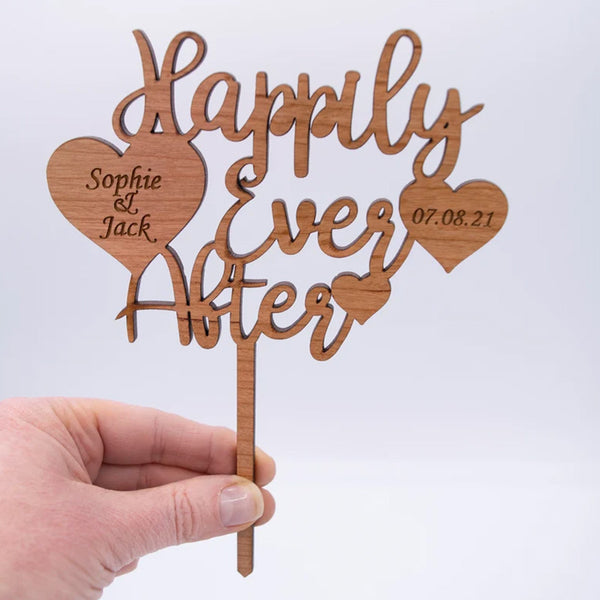 Wooden Wedding Cake Topper, Personalised Happily Ever After Wedding Cake Topper