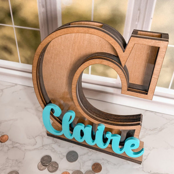 Personalized Letter Coin Bank, Wooden Initial Piggy Bank for Boys or Girls