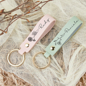 Personalized name keychain with birthday flower, customized keychain, bridesmaid gift, personalized gift, birthday gift, engraving technology