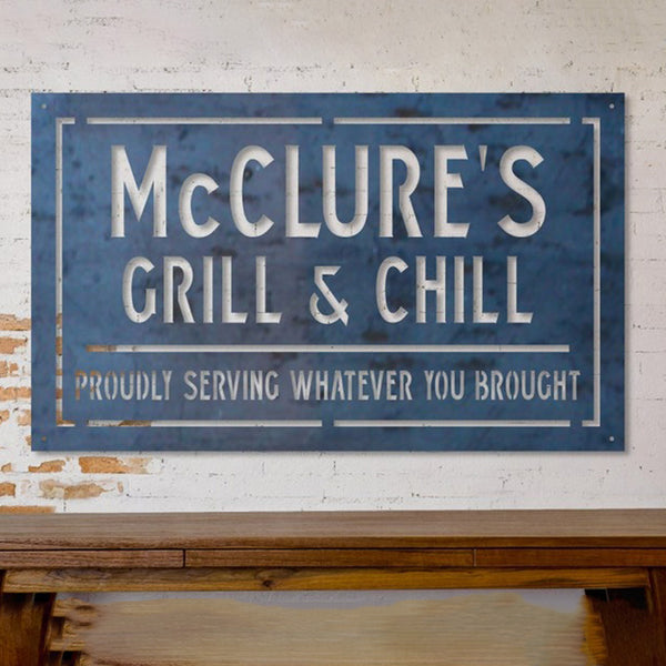 Metal Home Bar and Grill Sign, Personalized Decor, Wall Art