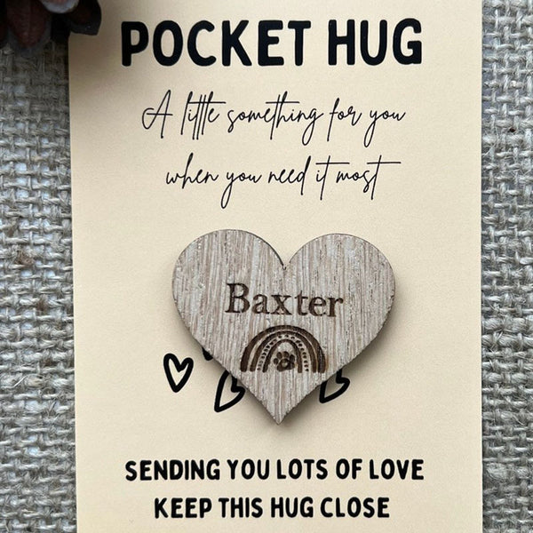 PET POCKET HUG -  Personalised Oak Wood Heart With Card - Rainbow Bridge