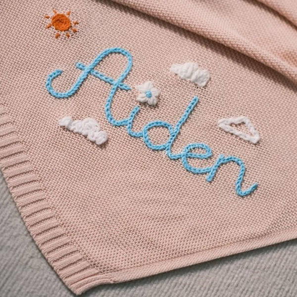 Hand-Embroidered Personalized Knit Baby Blanket-A Custom Name Swaddle Blanket