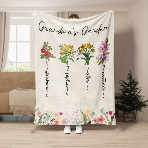 Personalized Grandma's Garden Blanket, Birth Flower Soft Cozy Sherpa Fleece Throw Blankets