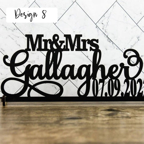 Tabletop Sign Personalized Custom Name Calligraphy Hashtag Laser Cut Mr and Mrs Wedding Table Sign