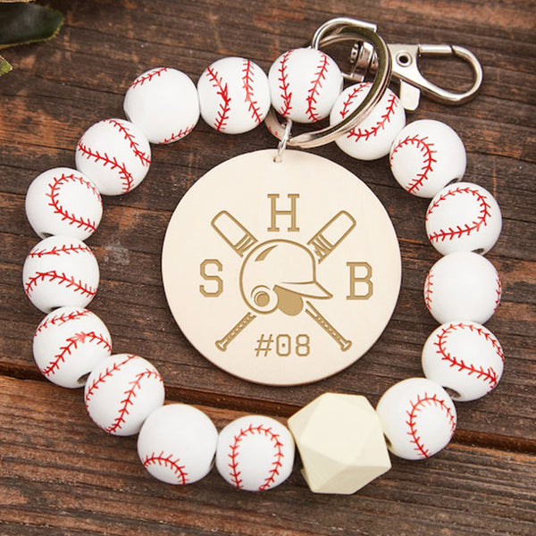 Baseball Wristband Keychain, Personalized Baseball/Softball Keychain, Wooden Bead Keychain