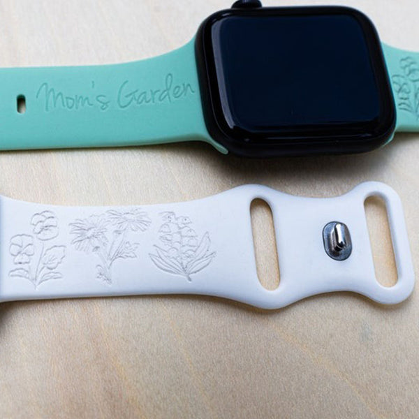 Birth flower Apple Watch band for women. Personalized watch strap. Custom name and phrase iwatch band