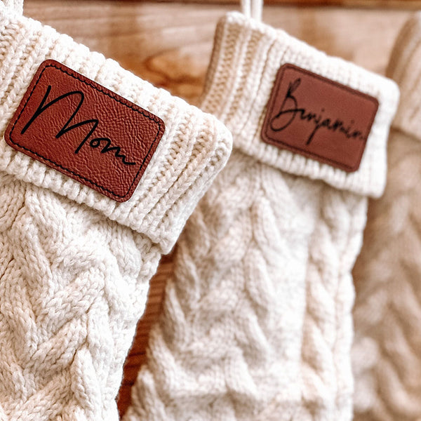 Personalized Cable Knit Stockings for Christmas, Stockings with Leather Patch