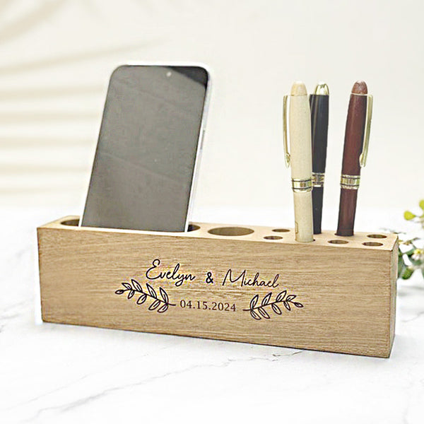 Personalized Wooden Desk Organizer and Name Tag Pen Holder, Desk Pen Holder with Phone Holder