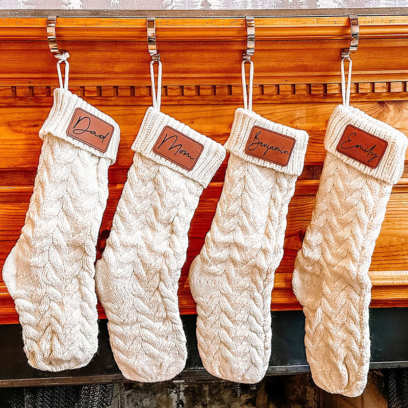 Personalized Cable Knit Stockings for Christmas, Stockings with Leather Patch