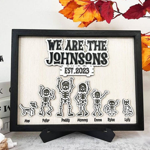 Halloween Skeleton Family With Pets Custom Family Frame Halloween Decor Sign, Custom Family Art with Pets