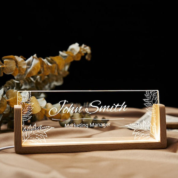 Personalized Desk Name Plate with Wooden Base, Lighted Acrylic Nameplate