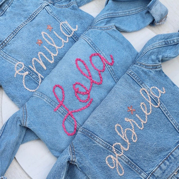 Custom Hand Embroidered ， Hand Lettered Denim Jacket Toddler, Kid Sizes