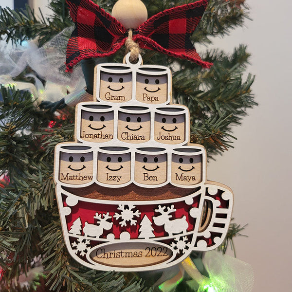 Personalized Tree Ornament, Family Names or 1st Married Christmas. Marshmallows in mug of Cocoa