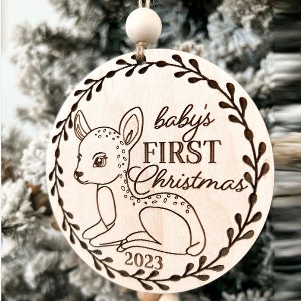 Custom Woodland Deer Baby's First Christmas Ornament Keepsake Laser Cut Digital File