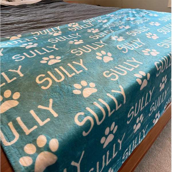 Pet Personalized Paw Print Name Blanket, Custom Dog Blanket, Plush Blanket, Pet Lover Gifts