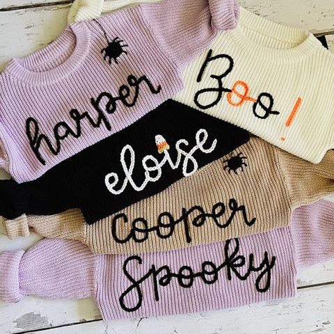 Personalized Hand Embroidered Baby and Toddler Halloween Sweaters