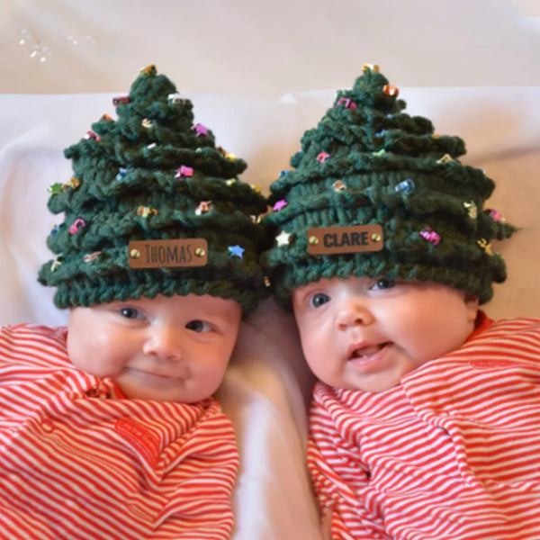 Personalized Leather Patch Christmas Tree Crochet Hat