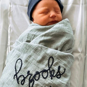 Personalized Hand Lettered Embroidered Baby Swaddle Receiving Blanket